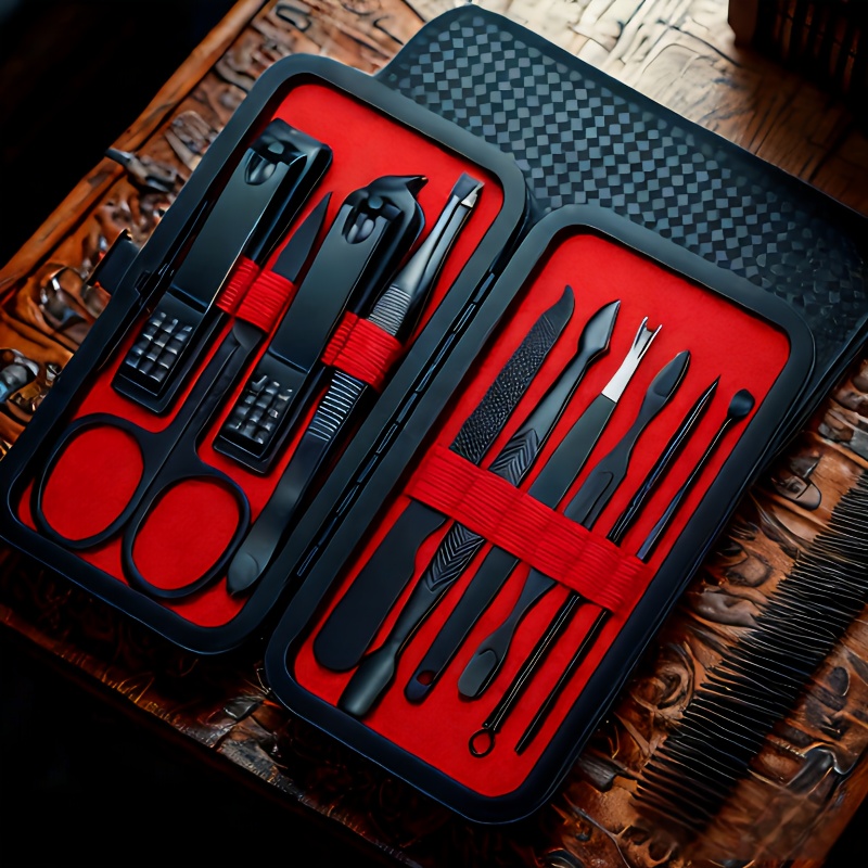 10pcs Deluxe Manicure & Pedicure Set - Ultra Sharp Stainless Steel Nail Clippers, Scissors, File, and Grooming Tools in Stylish Black & Red Case - Professional Quality Kit for Perfect Fingernails & Toenails, Full Set, Sturdy
