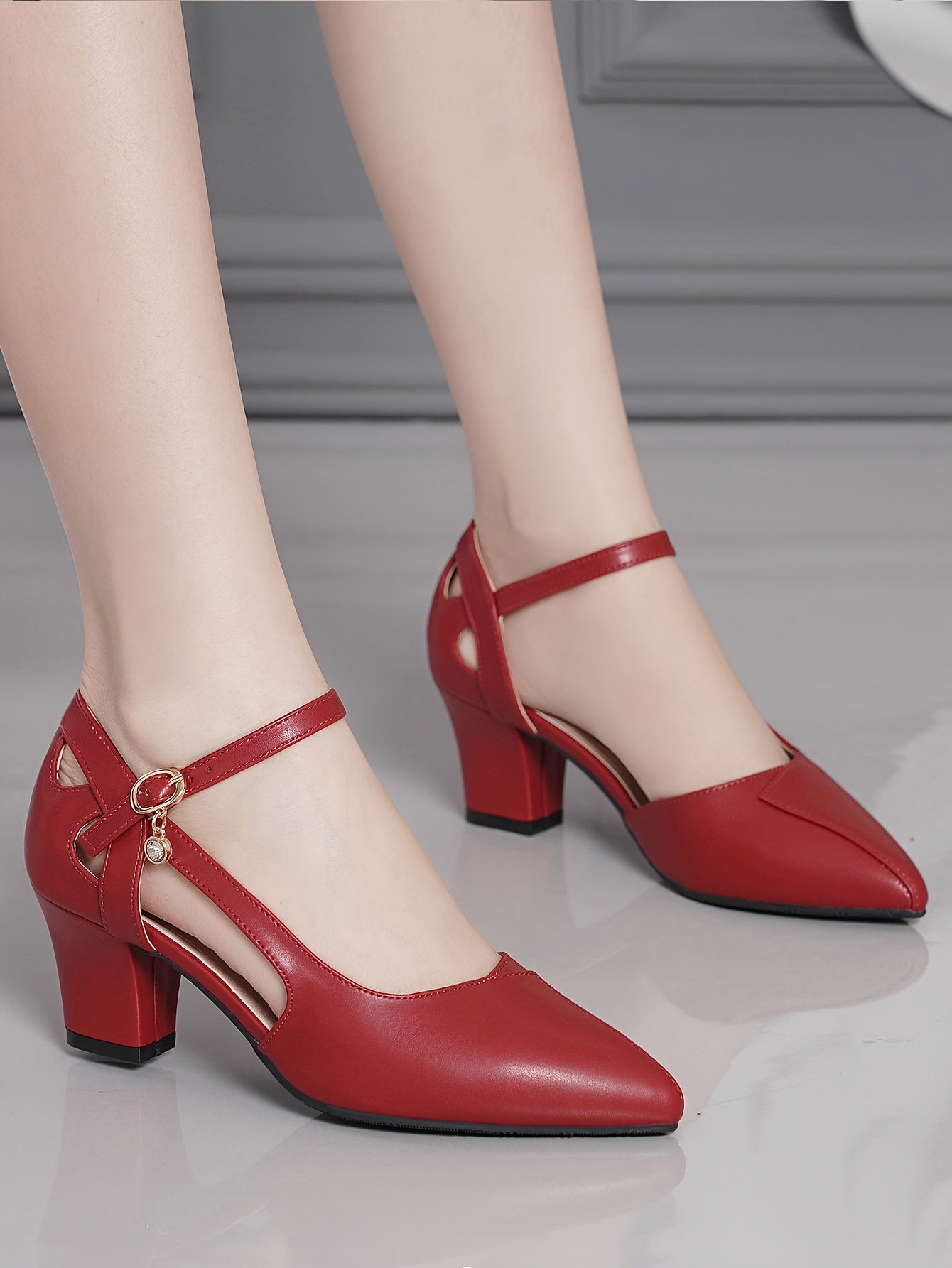 Women's Stylish Chunky Heels, Elegant Point Toe Dress Pumps, Fashion Buckle Strap Heels