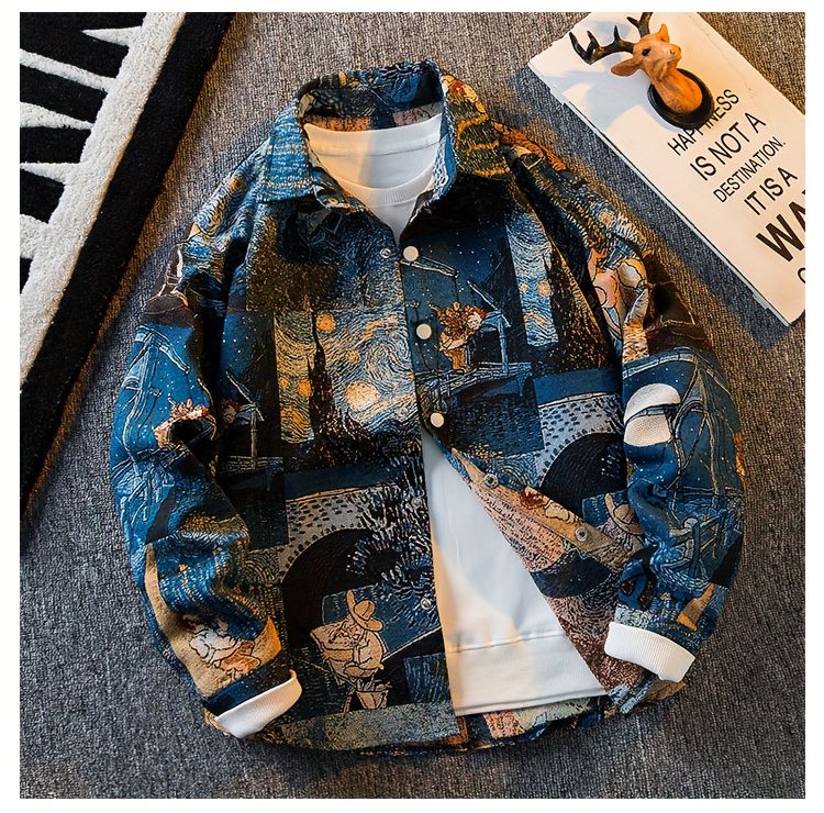 Pearson OBM Men's Slim-Fit Long Sleeve Shirt with Van Gogh-Inspired Embroidered Jacquard - Casual Street Style, Button-Up, Polyester, Machine Washable - Ideal for All Seasons & Great Gift Option