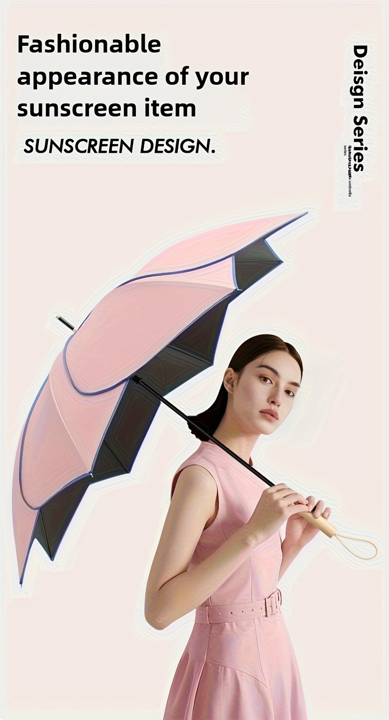 1-Pack Flower Series Petal Design Automatic Open Umbrella with Wooden Handle, 8-Rib High Quality UV Protection Sun/Shade Umbrella, Beige & Pink Fashionable Compact Umbrella for Women & Men, Rainy Day Accessory, Stylish Wooden Handle, High Quality Fabric
