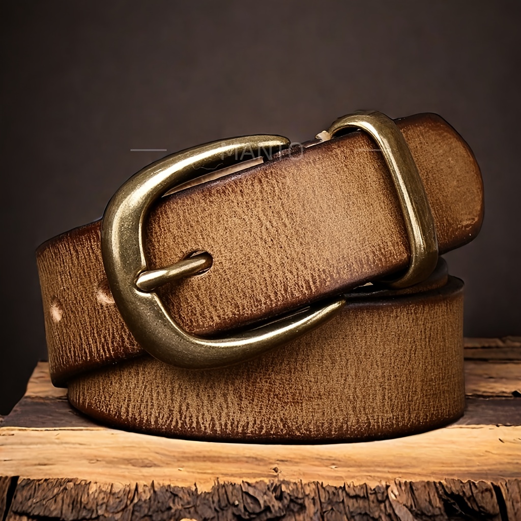 Leather Belt for Men and Women, Pure Cowhide, Retro and Versatile, Denim Belt with Top Layer Cowhide, Old Copper Buckle, Trendy and Cool, Valentine's Day