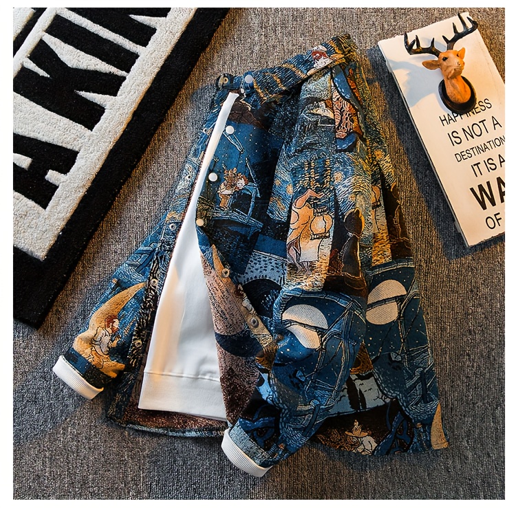 Pearson OBM Men's Slim-Fit Long Sleeve Shirt with Van Gogh-Inspired Embroidered Jacquard - Casual Street Style, Button-Up, Polyester, Machine Washable - Ideal for All Seasons & Great Gift Option