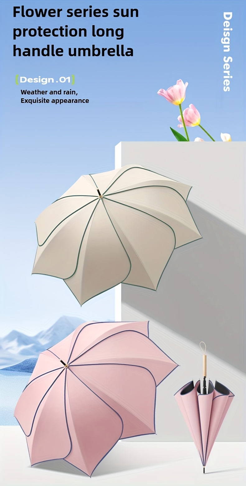 1-Pack Flower Series Petal Design Automatic Open Umbrella with Wooden Handle, 8-Rib High Quality UV Protection Sun/Shade Umbrella, Beige & Pink Fashionable Compact Umbrella for Women & Men, Rainy Day Accessory, Stylish Wooden Handle, High Quality Fabric