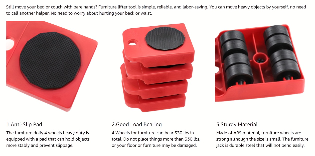 5pcs Heavy-Duty Furniture Moving System, Carbon Steel, Uncharged, No Battery Required, with Lifter Tool Set for Hardware Moving Tools