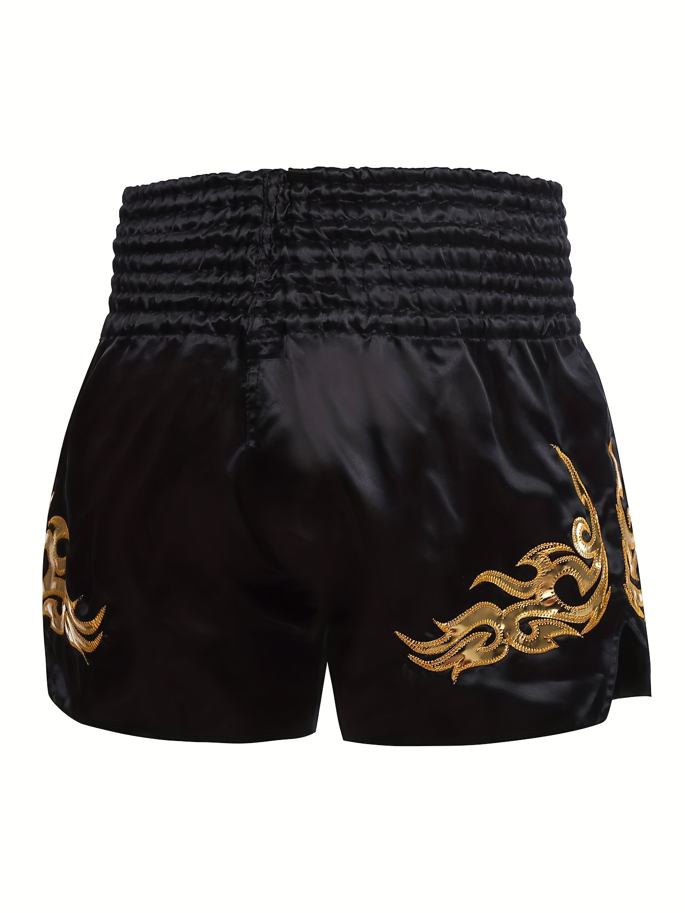 Muay Thai & MMA Fight Shorts - Golden Floral Design, Durable Polyester, Non-Stretch Fabric for Boxing, Combat Sports Training & Competition - Black