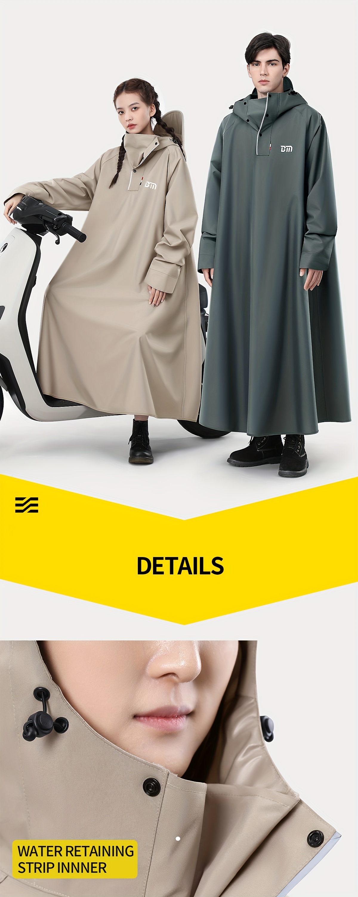 BM Fashion Handsome Polyester Raincoat with Sleeves, Unisex Full-Length Motorbike Poncho, Water-Resistant Rain Cape for Adults, Elastic Cuffs, Extended Sleeves - Khaki A58
