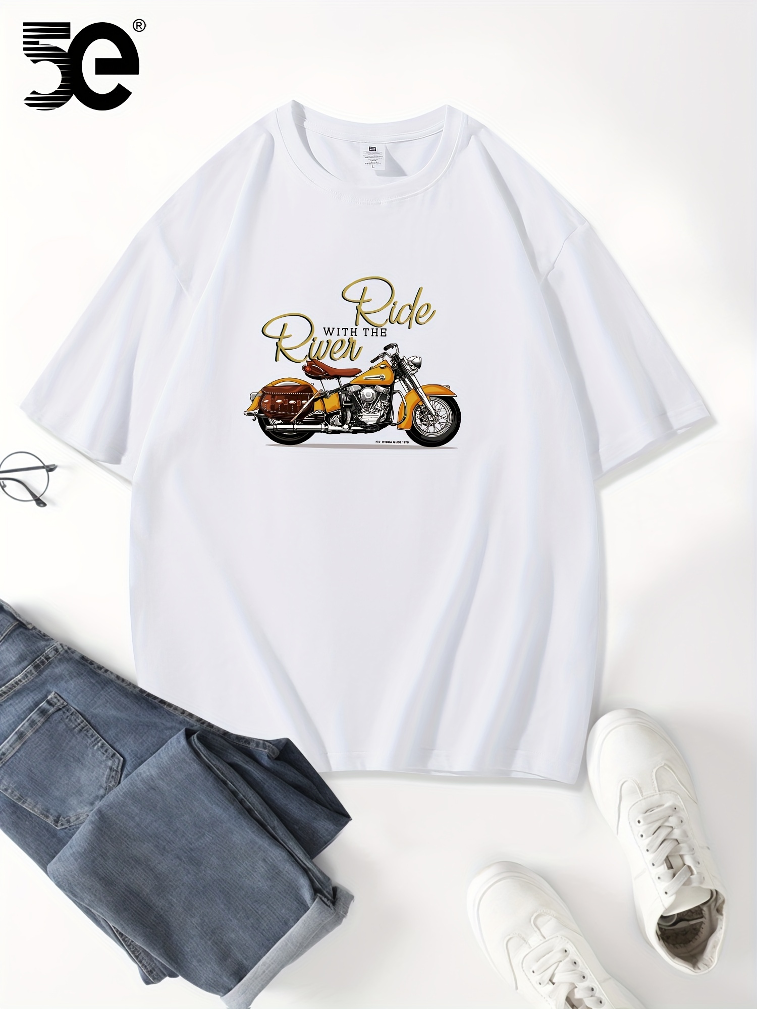5E Men'S Casual Cotton T-Shirt, 100% Cotton Crew Neck Tee, Heavyweight Summer Short Sleeve with Motorcycle Print, Slight Stretch Loose Fit, Knit Fabric - 230gsm