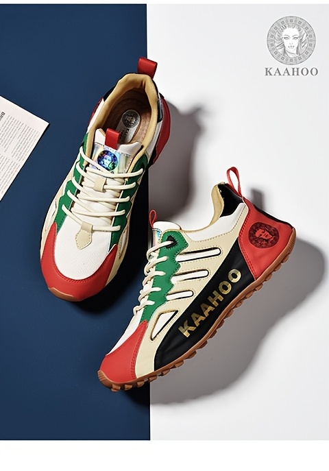 Dulshaeran KAAHOO Unisex Low-Top Casual Sneakers - Lightweight Breathable Mesh & Synthetic, Vibrant Green/Red/Beige/Black Colorway, Round Toe Comfort, Durable Rubber Sole for Spring/Summer Walking & Casual Attire