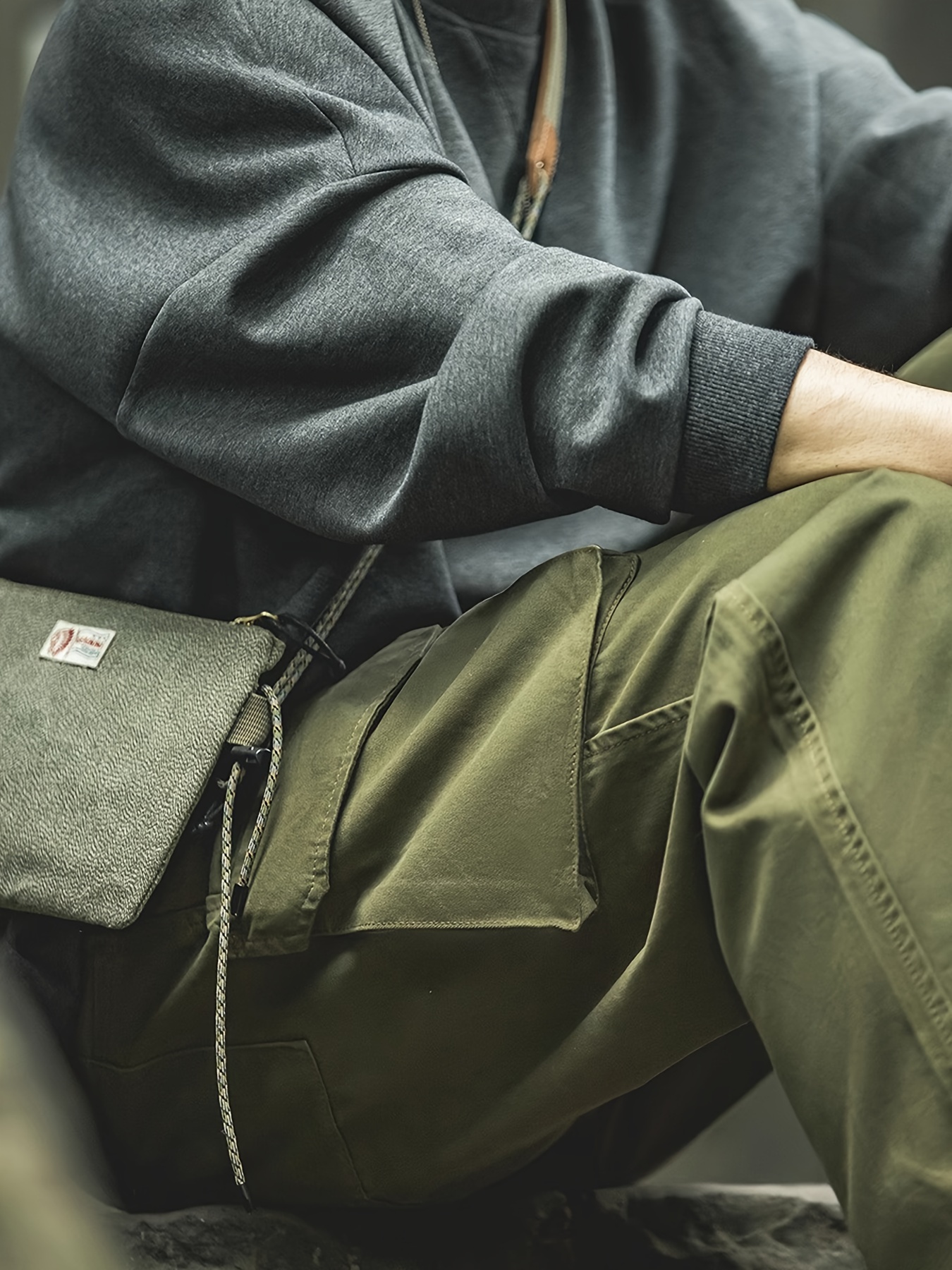 Men's Vintage Style Loose 100% Cotton Solid Cargo Pants With Multi Pockets, Drawstring Trousers For Spring Fall