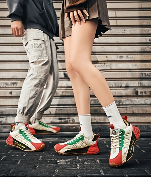 Dulshaeran KAAHOO Unisex Low-Top Casual Sneakers - Lightweight Breathable Mesh & Synthetic, Vibrant Green/Red/Beige/Black Colorway, Round Toe Comfort, Durable Rubber Sole for Spring/Summer Walking & Casual Attire