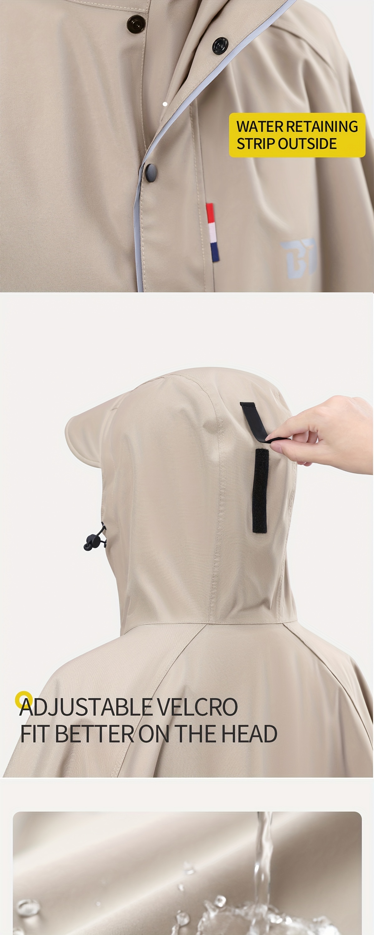 BM Fashion Handsome Polyester Raincoat with Sleeves, Unisex Full-Length Motorbike Poncho, Water-Resistant Rain Cape for Adults, Elastic Cuffs, Extended Sleeves - Khaki A58