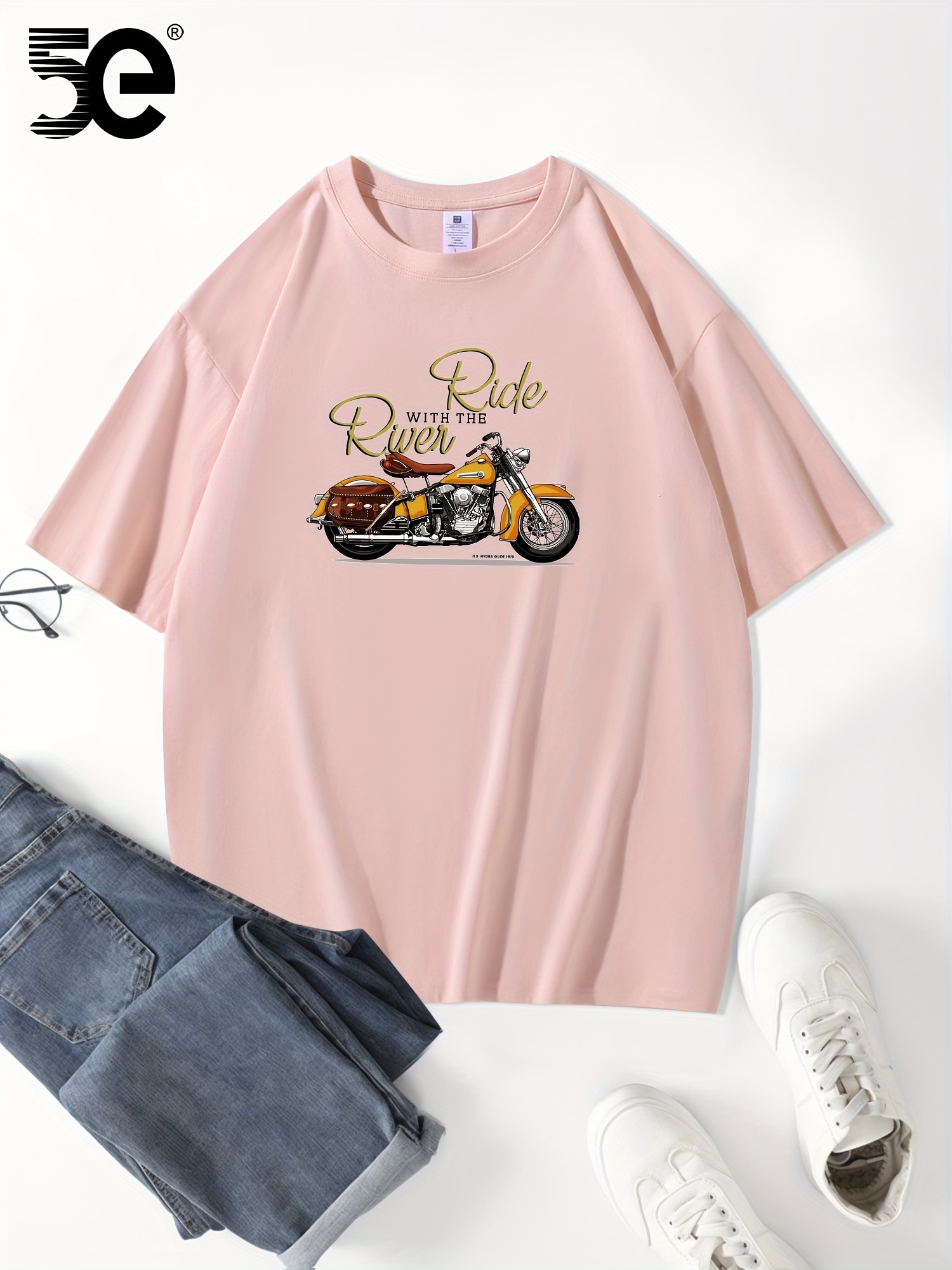 5E Men'S Casual Cotton T-Shirt, 100% Cotton Crew Neck Tee, Heavyweight Summer Short Sleeve with Motorcycle Print, Slight Stretch Loose Fit, Knit Fabric - 230gsm
