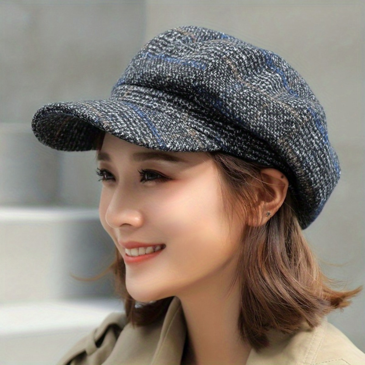 1pc Women'S Classic Plaid Beret Cap - Polyester Newsboy Hat with Sun Protection, Elegant British Style, Lightweight Weave, Inelastic Fit, Hand Washable - Vintage Octagonal Headwear