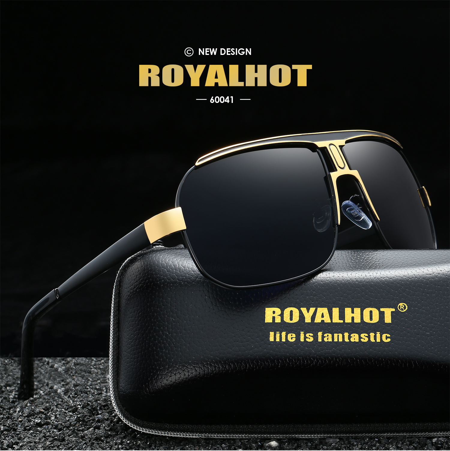 RoyalHot Polarized Square Fashion Glasses - Oversized Alloy Frame, Black Pilot Style, UV Protection, PC Lenses, Metal & Acetate Material, Includes Protective Case & Cloth