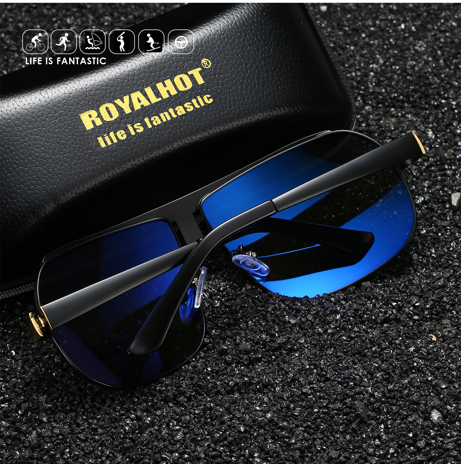 RoyalHot Polarized Square Fashion Glasses - Oversized Alloy Frame, Black Pilot Style, UV Protection, PC Lenses, Metal & Acetate Material, Includes Protective Case & Cloth