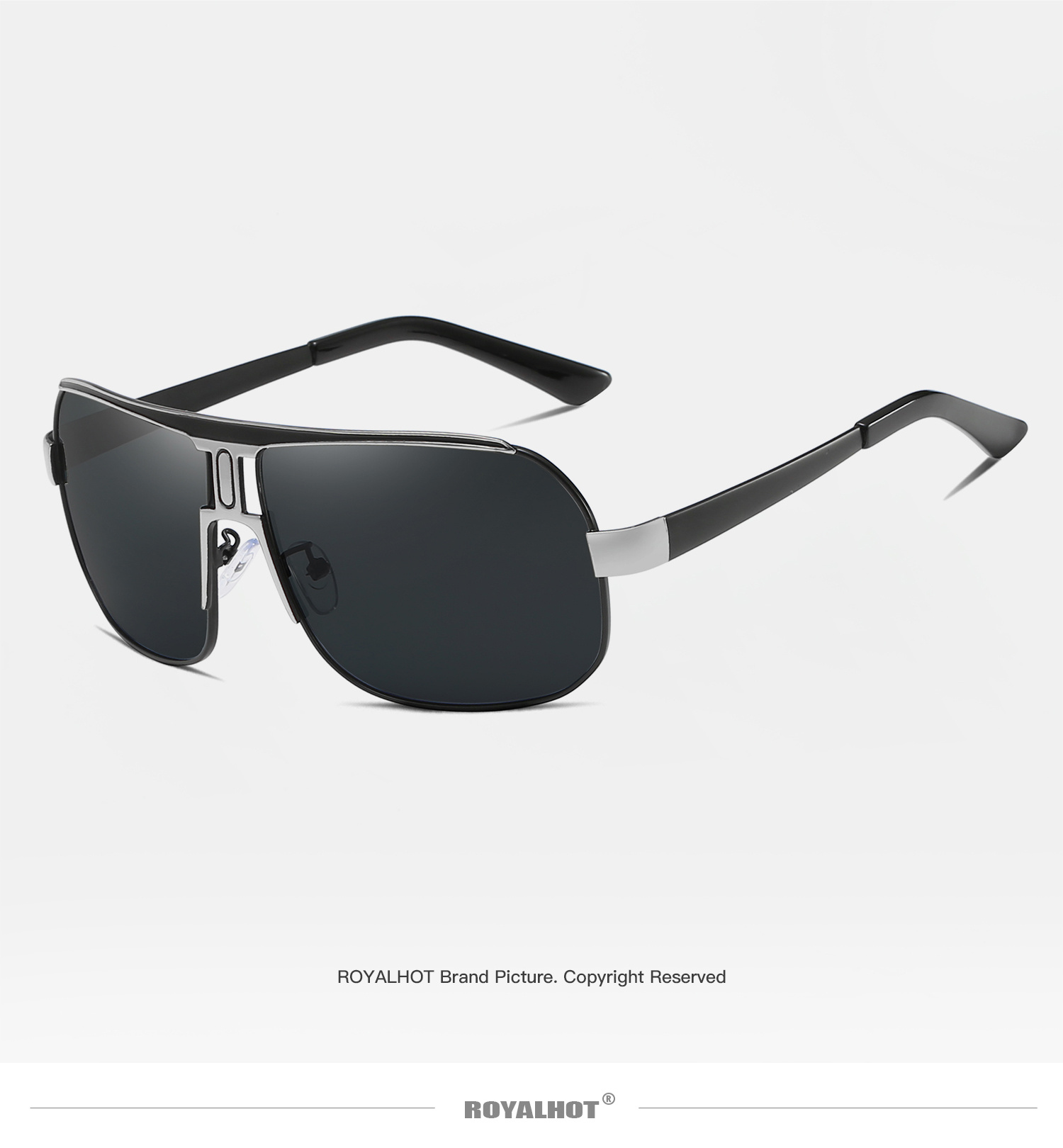 RoyalHot Polarized Square Fashion Glasses - Oversized Alloy Frame, Black Pilot Style, UV Protection, PC Lenses, Metal & Acetate Material, Includes Protective Case & Cloth