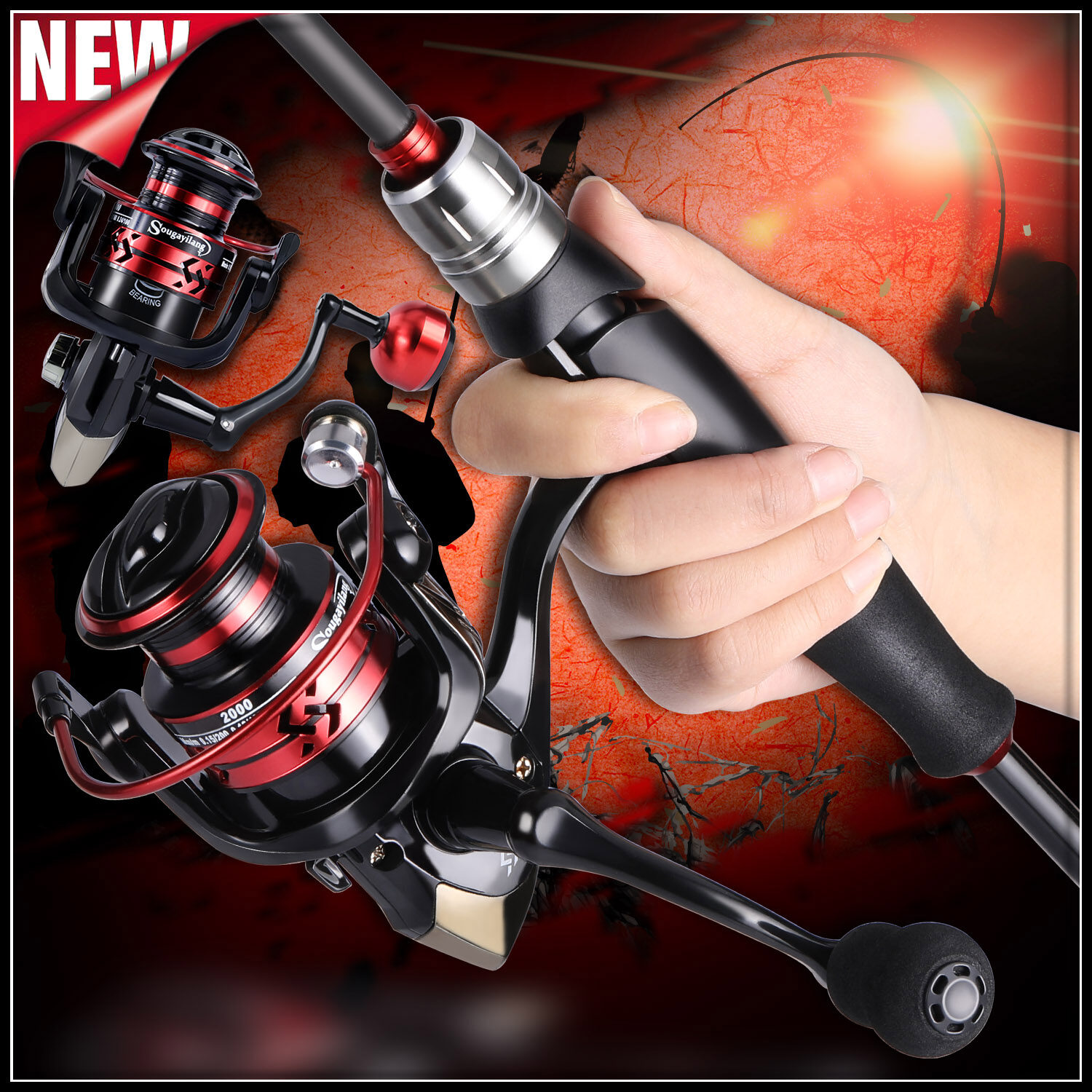 Sougayilang[ For Novice ] Fishing Tackle Full Set, Included 1.8m/6ft 5 Section Carbon Fiber Fishing Rod, 1000-3000 Series Fishing Reel, Fishing Bait, Hook Sinker Accessories (random Color)