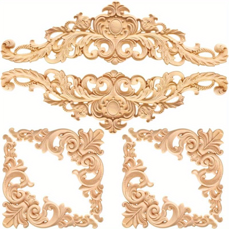 6pcs Long Wooden Decorative Carved Wooden Decor Wood Inlay Sticker Wood Carved Wooden Sticker Wooden Corner Frame Corner Inlay Furniture