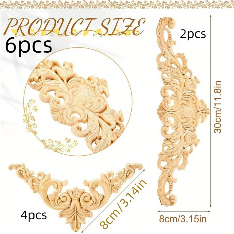 6pcs Long Wooden Decorative Carved Wooden Decor Wood Inlay Sticker Wood Carved Wooden Sticker Wooden Corner Frame Corner Inlay Furniture