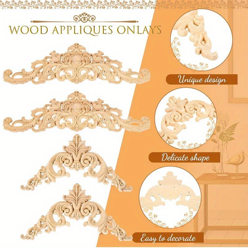 6pcs Long Wooden Decorative Carved Wooden Decor Wood Inlay Sticker Wood Carved Wooden Sticker Wooden Corner Frame Corner Inlay Furniture