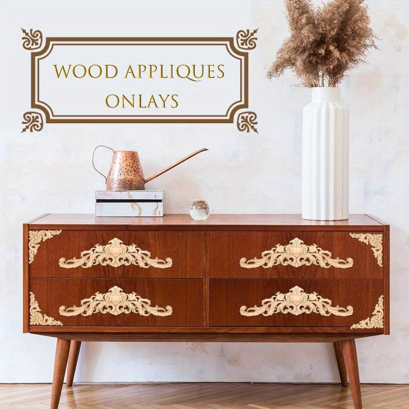 6pcs Long Wooden Decorative Carved Wooden Decor Wood Inlay Sticker Wood Carved Wooden Sticker Wooden Corner Frame Corner Inlay Furniture