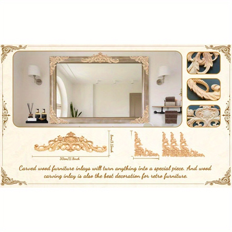 6pcs Long Wooden Decorative Carved Wooden Decor Wood Inlay Sticker Wood Carved Wooden Sticker Wooden Corner Frame Corner Inlay Furniture