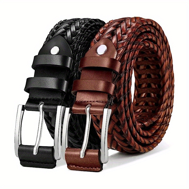 2pcs Men's Genuine Leather Belt - Vintage Style, Square Buckle for Jeans & Pants, Perfect Gift Idea
