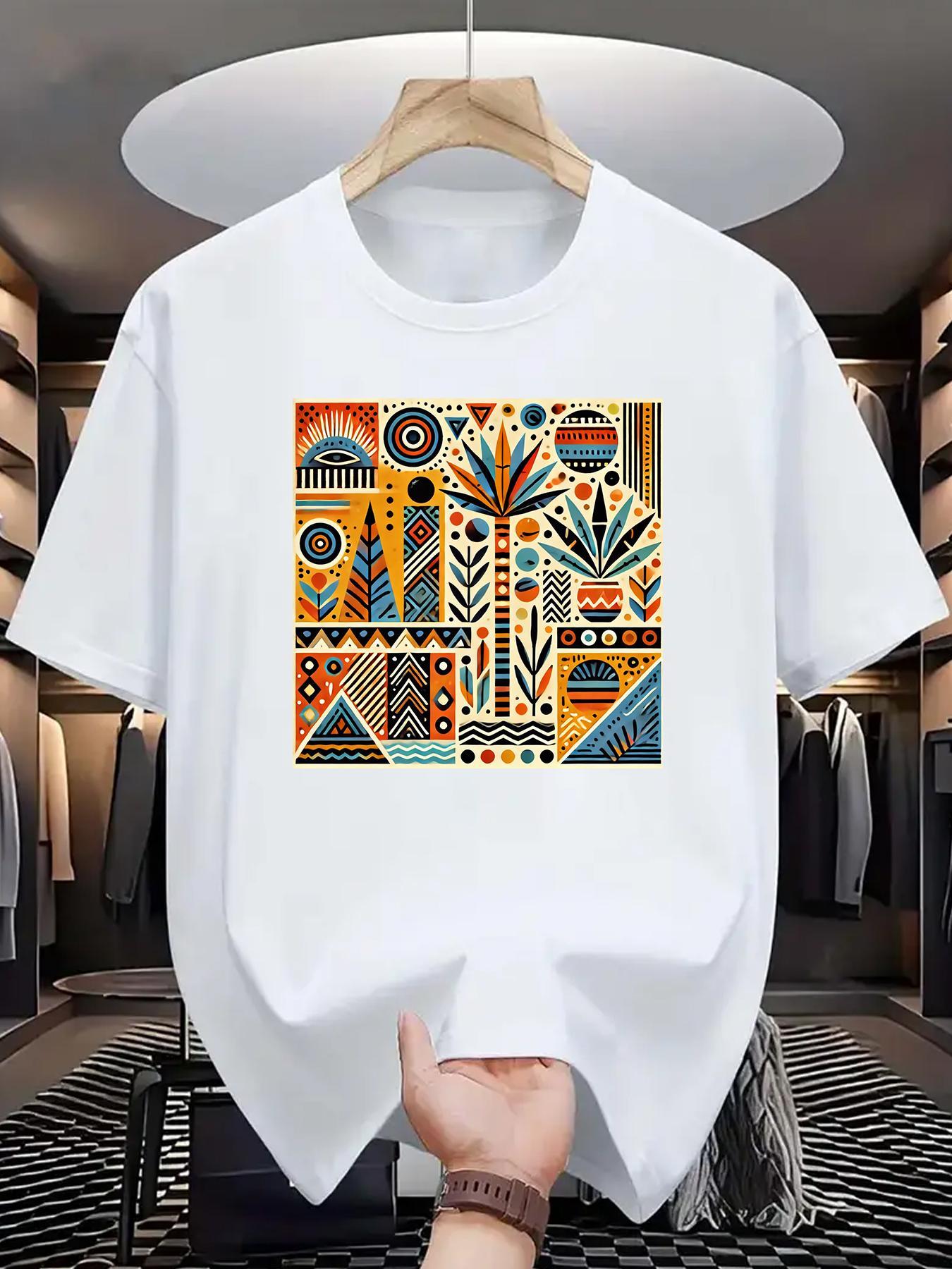 Men's Bohemian Style 100% Cotton T-Shirt | Breathable & Comfortable | Vibrant Geometric Print | Casual Round Neck, Short Sleeve | Summer Outdoor Wear | Unisex White Tee for Men and Women