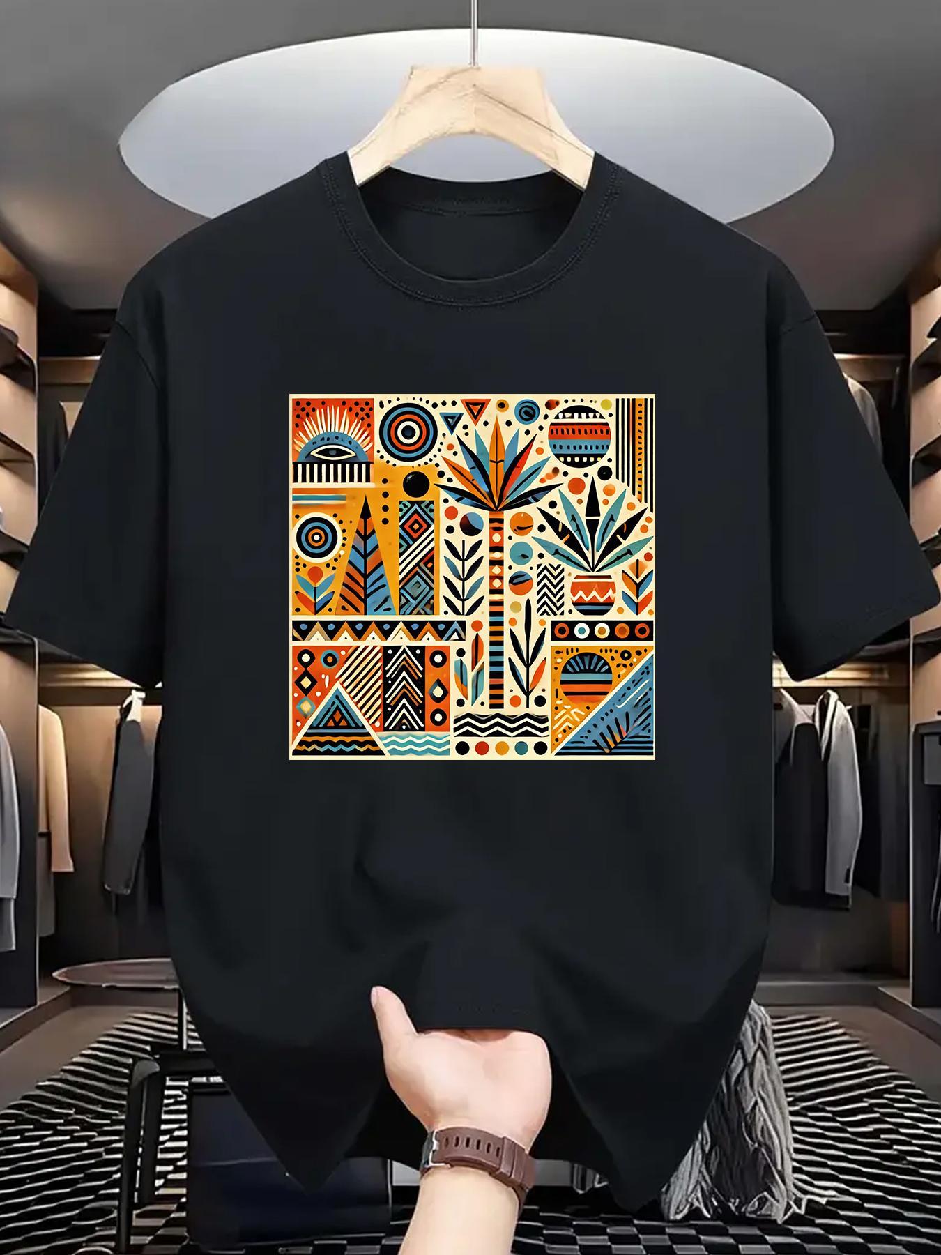 Men's Bohemian Style 100% Cotton T-Shirt | Breathable & Comfortable | Vibrant Geometric Print | Casual Round Neck, Short Sleeve | Summer Outdoor Wear | Unisex White Tee for Men and Women