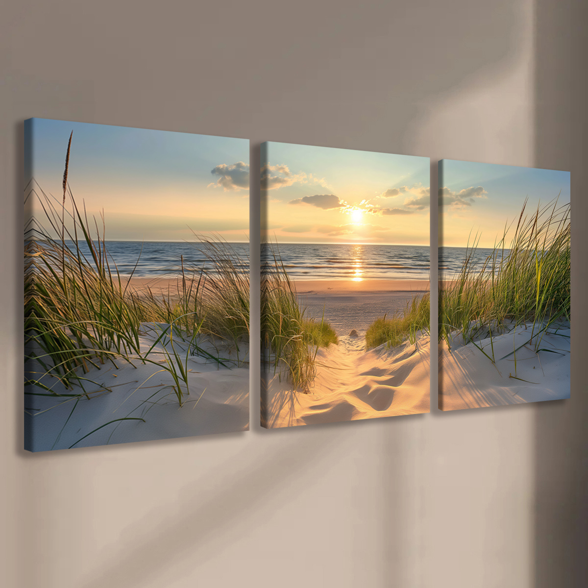 Print Painting 3pcs Beach Sunset Wall Art Set, Wooden Framed Canvas Prints, Seascape Ocean Poster, Coastal Decor, Modern Fantasy Artwork, Home Office Mural, Living Room Bedroom Decor, with Odorless, Waterproof, HD, 8K for Gift