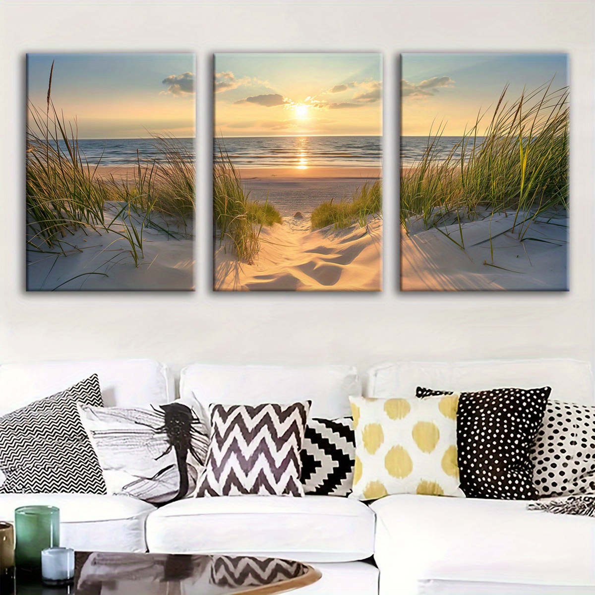 Print Painting 3pcs Beach Sunset Wall Art Set, Wooden Framed Canvas Prints, Seascape Ocean Poster, Coastal Decor, Modern Fantasy Artwork, Home Office Mural, Living Room Bedroom Decor, with Odorless, Waterproof, HD, 8K for Gift