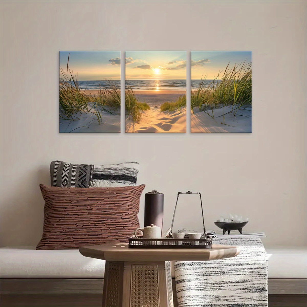 Print Painting 3pcs Beach Sunset Wall Art Set, Wooden Framed Canvas Prints, Seascape Ocean Poster, Coastal Decor, Modern Fantasy Artwork, Home Office Mural, Living Room Bedroom Decor, with Odorless, Waterproof, HD, 8K for Gift