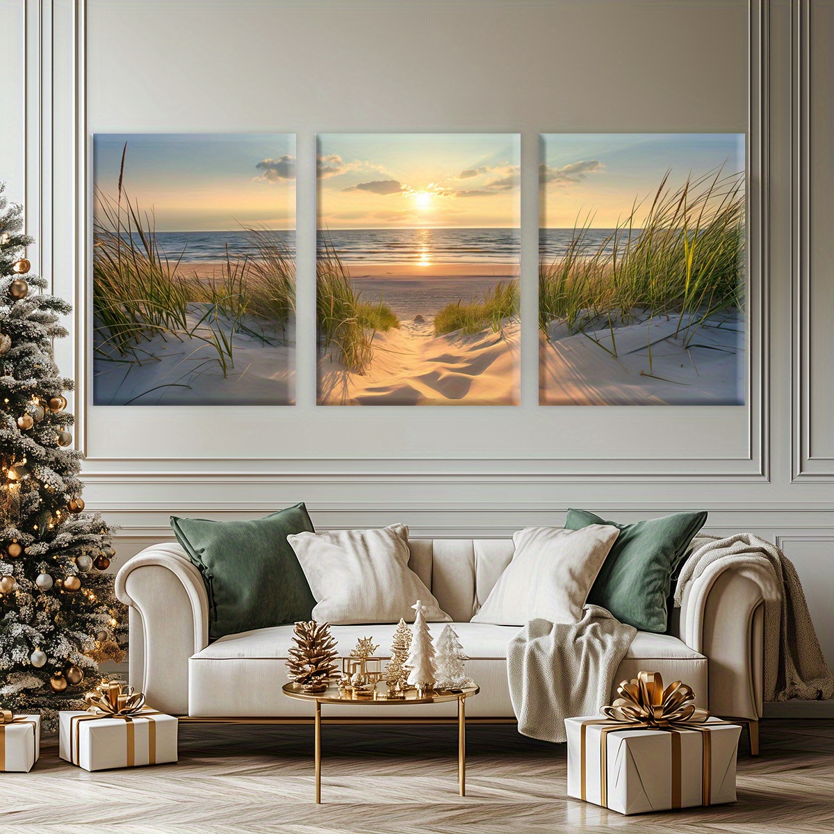 Print Painting 3pcs Beach Sunset Wall Art Set, Wooden Framed Canvas Prints, Seascape Ocean Poster, Coastal Decor, Modern Fantasy Artwork, Home Office Mural, Living Room Bedroom Decor, with Odorless, Waterproof, HD, 8K for Gift