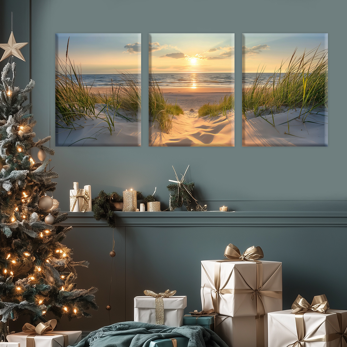 Print Painting 3pcs Beach Sunset Wall Art Set, Wooden Framed Canvas Prints, Seascape Ocean Poster, Coastal Decor, Modern Fantasy Artwork, Home Office Mural, Living Room Bedroom Decor, with Odorless, Waterproof, HD, 8K for Gift