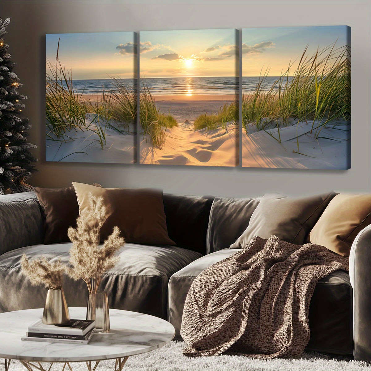 Print Painting 3pcs Beach Sunset Wall Art Set, Wooden Framed Canvas Prints, Seascape Ocean Poster, Coastal Decor, Modern Fantasy Artwork, Home Office Mural, Living Room Bedroom Decor, with Odorless, Waterproof, HD, 8K for Gift