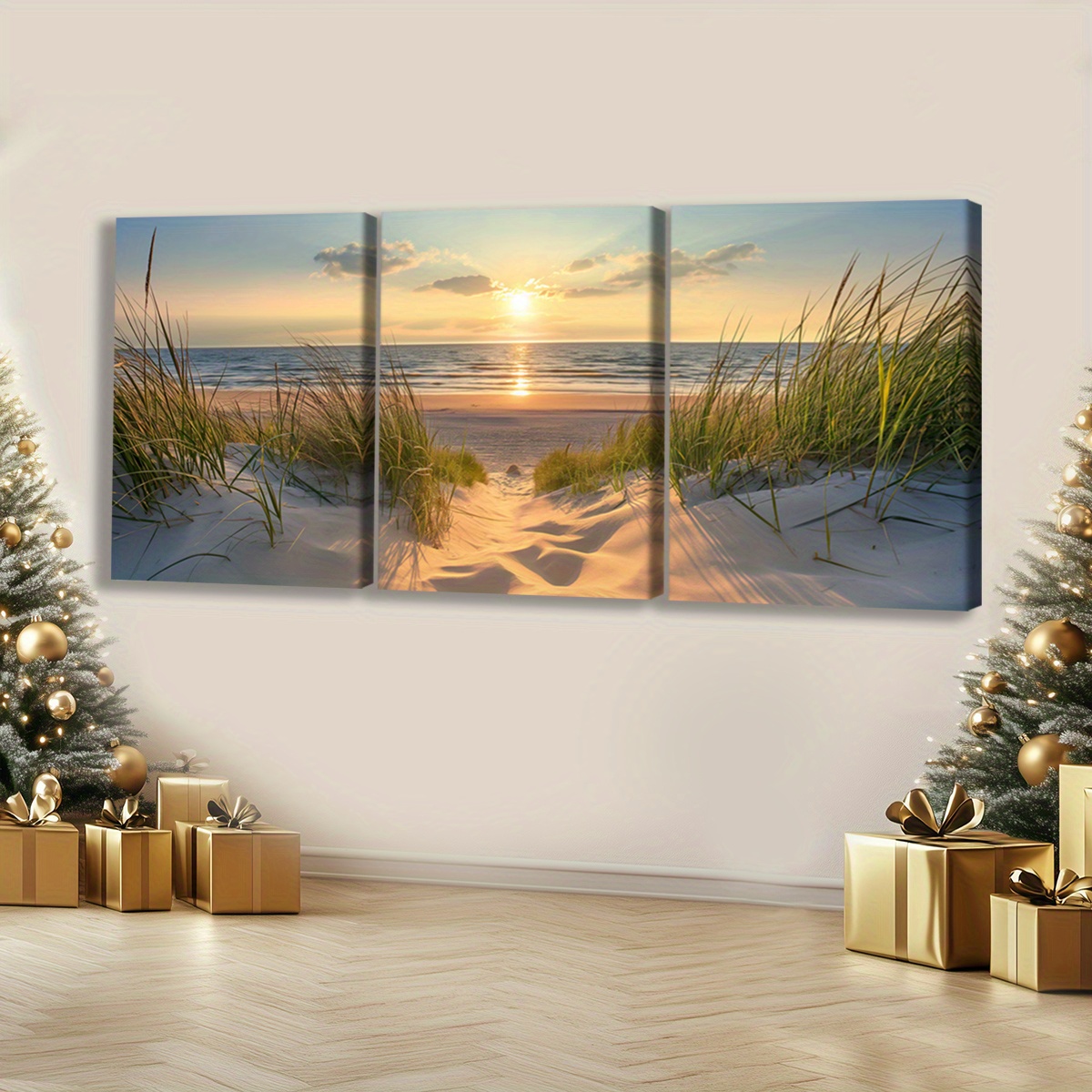 Print Painting 3pcs Beach Sunset Wall Art Set, Wooden Framed Canvas Prints, Seascape Ocean Poster, Coastal Decor, Modern Fantasy Artwork, Home Office Mural, Living Room Bedroom Decor, with Odorless, Waterproof, HD, 8K for Gift
